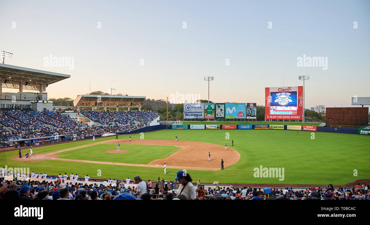 Managua, Nicaragua- march 18, 2019: Start of baseball game between  Nicaragua and Puerto Rico in Central america stadium Stock Photo