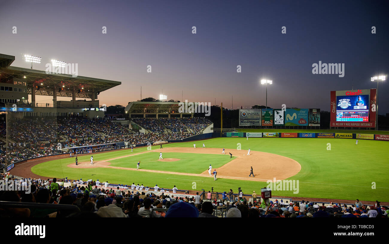 Managua, Nicaragua- march 18, 2019: Baseball game between  Nicaragua and Puerto Rico in Central america stadium Stock Photo