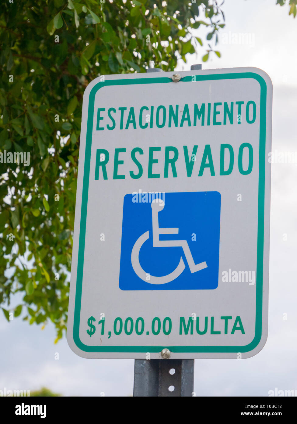 "Disabled parking sign only" in Spanish language. Puerto Rico, USA