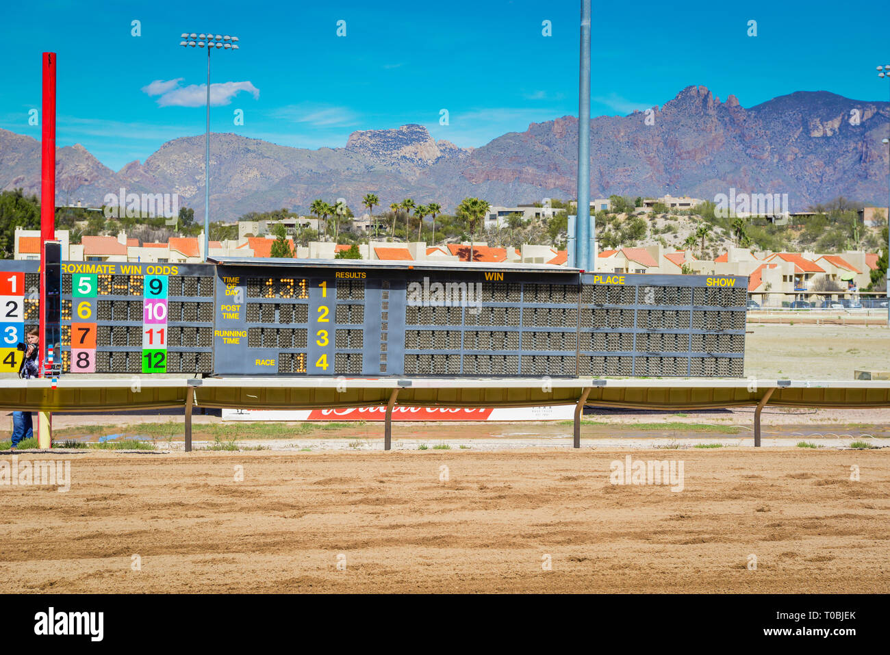 The tote board at the historic Rillito Park race track with the Santa Catalina mountains in the background in Tucson, AZ Stock Photo