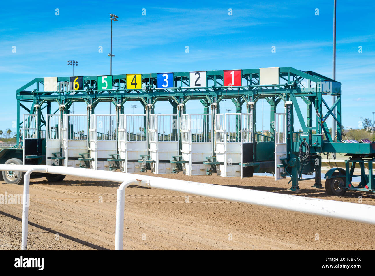 An Empty Starting Gate Numbered One Through Six Awaits The Loading Of Thoroughbred Horses For The Next Race On The Dirt Track At The Rillito Park Race Stock Photo Alamy An Empty Starting Gate Numbered One Through Six Awaits The Loading Of Thoroughbred Horses For The Next Race On The Dirt Track At The Rillito Park Race Stock Photo Alamy