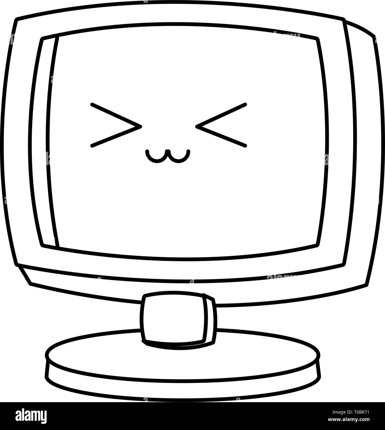 computer screen kawaii cartoon in black and white Stock Vector Image