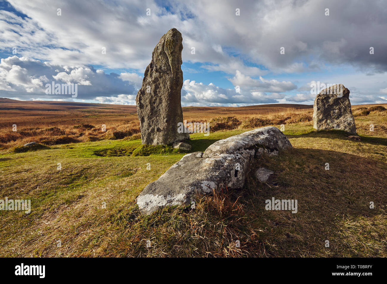 Standing stones at the ancient Scorhill Stone Circle, on Gidleigh Common, Dartmoor National Park, Devon, Great Britain. Stock Photo