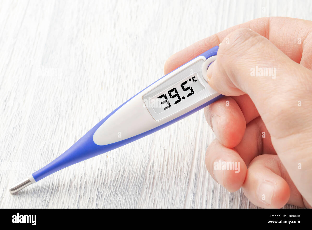 White-blue thermometer with a high temperature of 39.5 degrees Celsius in hand on a white wooden background Stock Photo