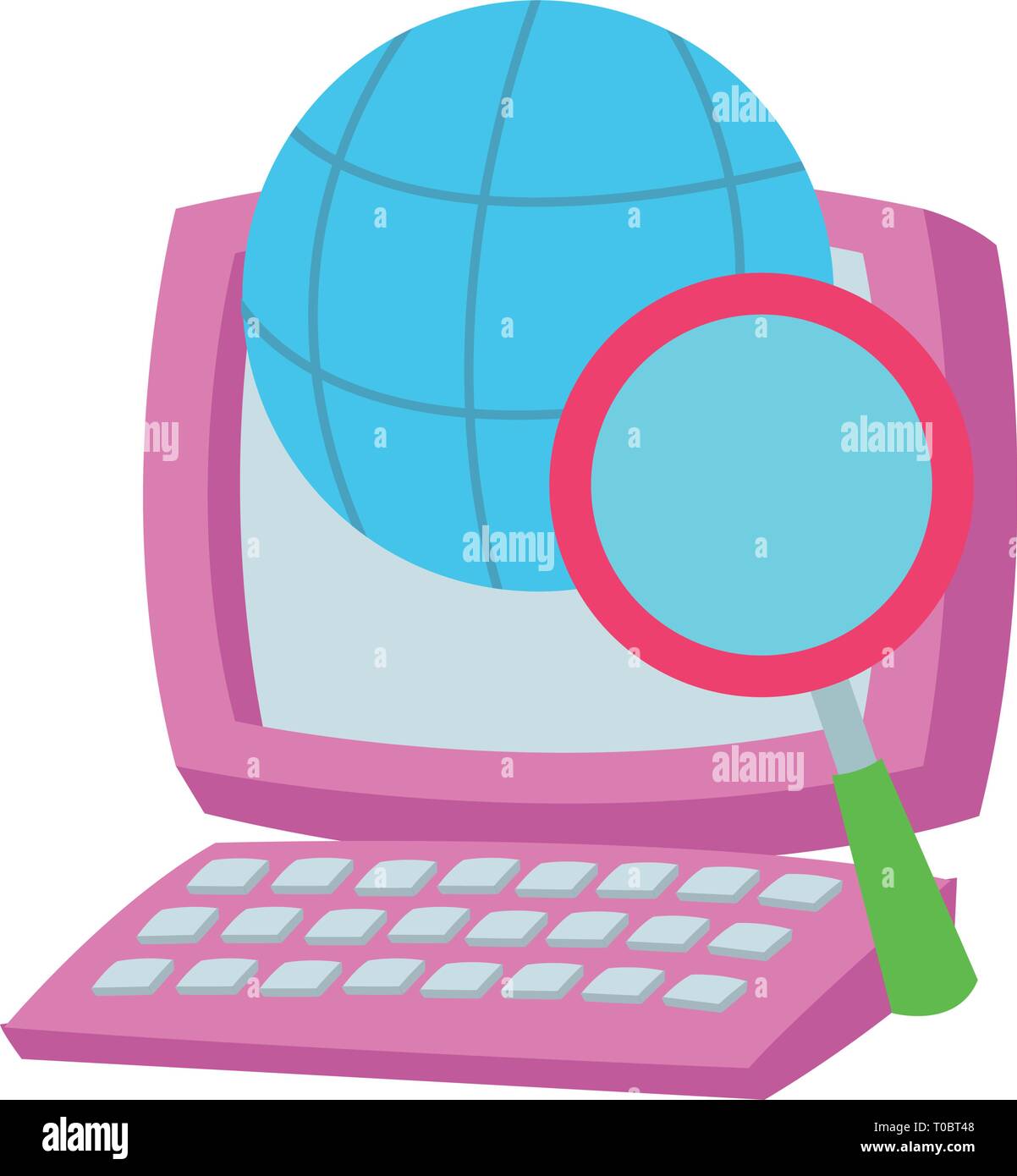 desk computer with magnifying glass and global sphere Stock Vector ...