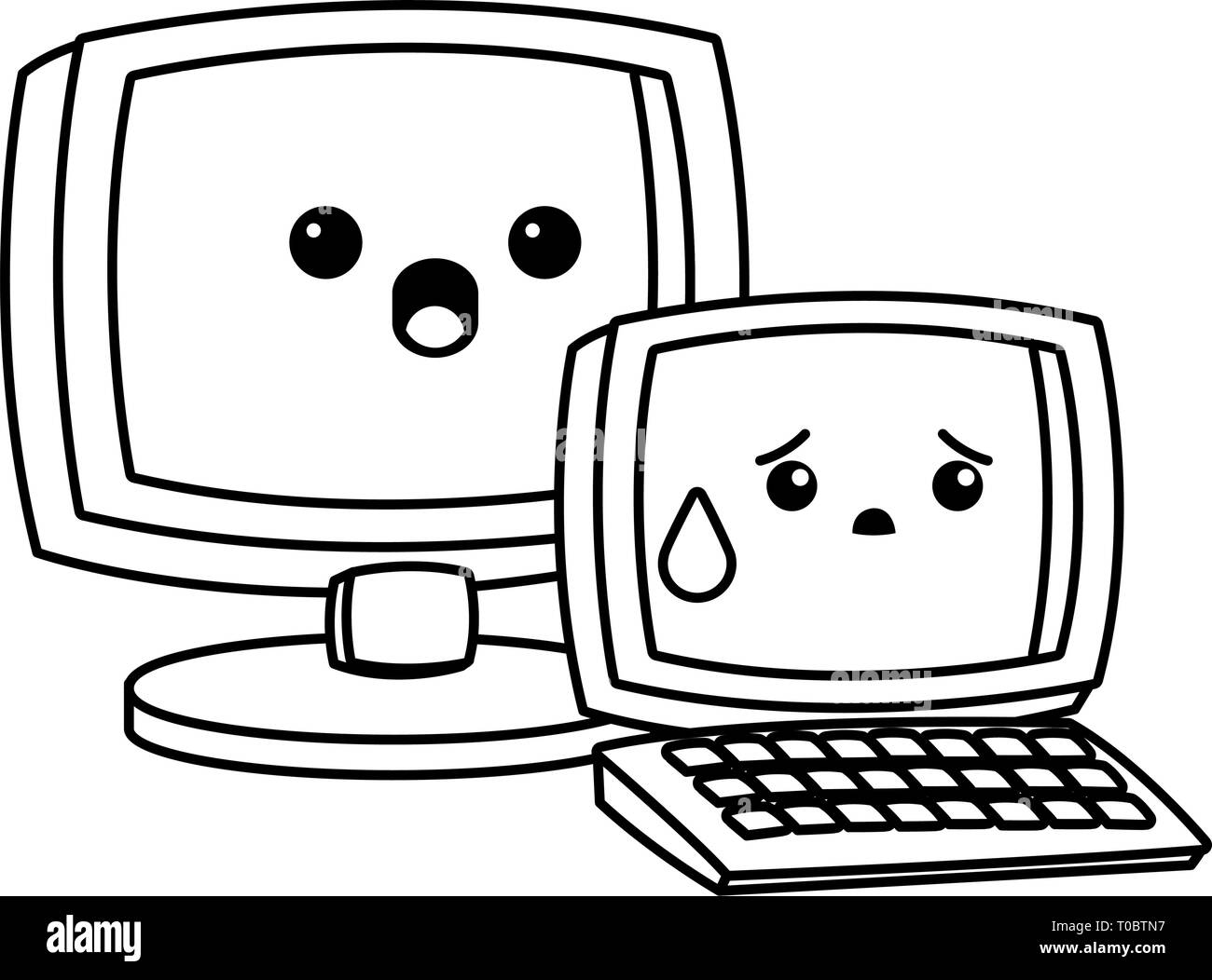 computer and laptop kawaii cartoon in black and white Stock Vector