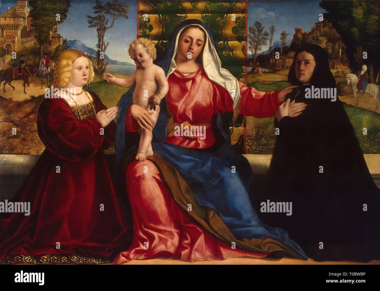 'Madonna and Child with Donors'. Italy, Circa 1505. Dimensions: 120x173 cm. Museum: State Hermitage, St. Petersburg. Author: Palma, Jacopo, il vecchio (Jacopo Nigreti). Palma il Vecchio, Jacopo, the Elder. Stock Photo