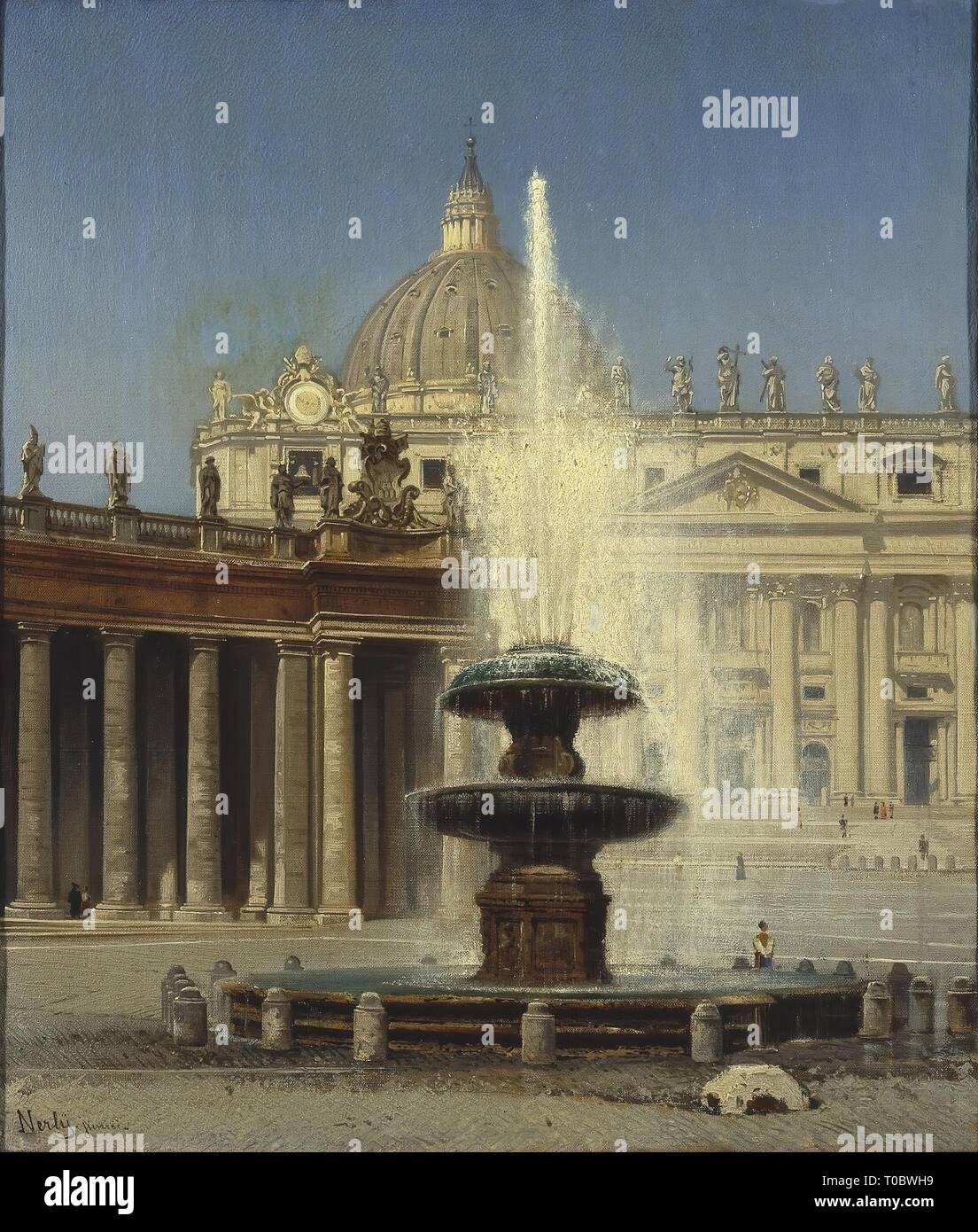 'Fountain in front of St Peter's in Rome'. Germany, Second half of 19th century. Dimensions: 33,3x27,7 cm. Museum: State Hermitage, St. Petersburg. Author: Friedrich Paul Nerly (Nerlich). Stock Photo