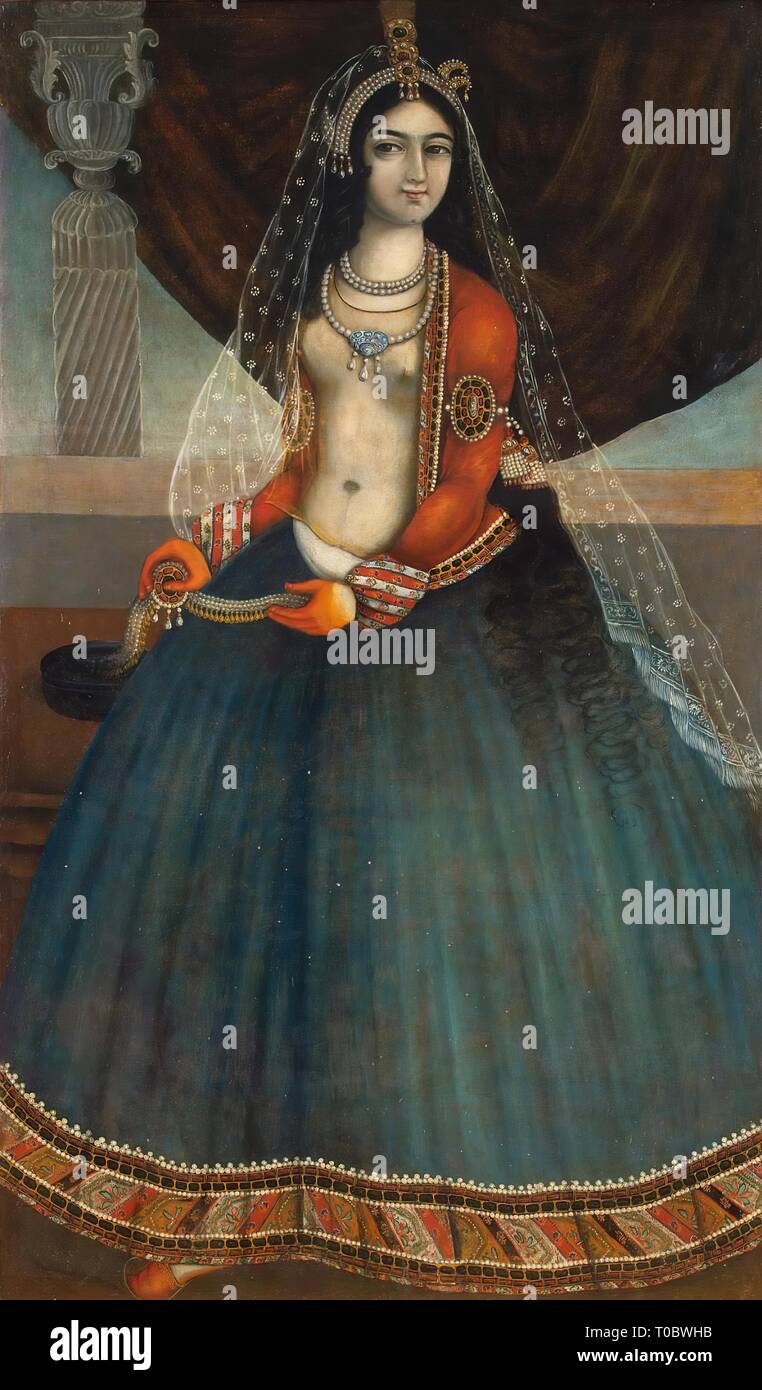 'Woman Holding a Diadem'. Iran, Mid-19th century. Qajar Dynasty. Dimensions: 150x89 cm. Museum: State Hermitage, St. Petersburg. Stock Photo