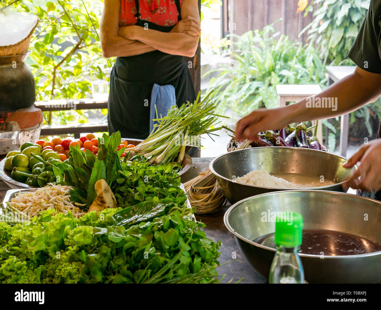 Tourists in SE Asian Lao cooking lesson with instruction from Lao chef at Tamarind cookery school, Luang Prabang, Laos Stock Photo