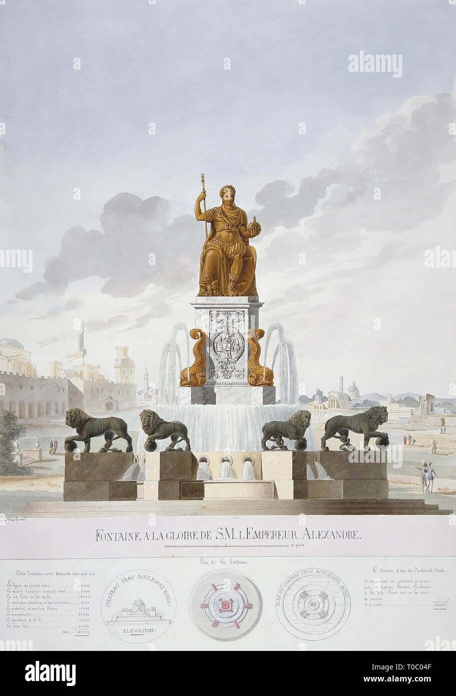 Fountain in Honor of Alexander I'. Album "Different architectural projects  presented by and dedicated to Alexander I by Auguste Montferrand". France,  1814. Dimensions: 71x50,6 cm. Museum: State Hermitage, St. Petersburg.  Author: August