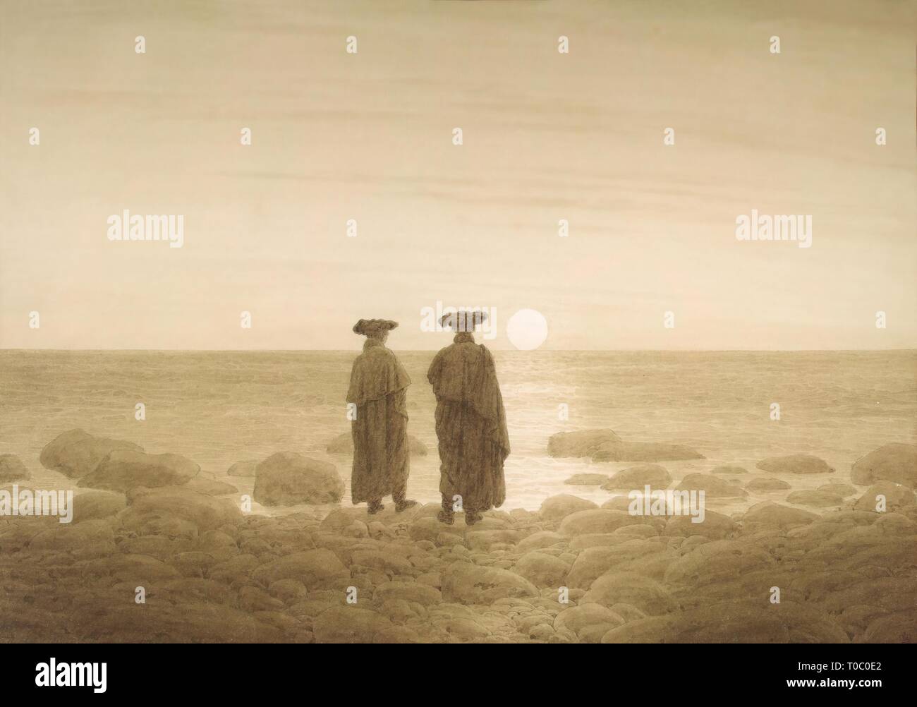 'Moonrise (Two Men on the Shore)'. Germany, Circa 1835/1837. Dimensions: 24,5x34,5 cm. Museum: State Hermitage, St. Petersburg. Author: CASPAR DAVID FRIEDRICH. Stock Photo