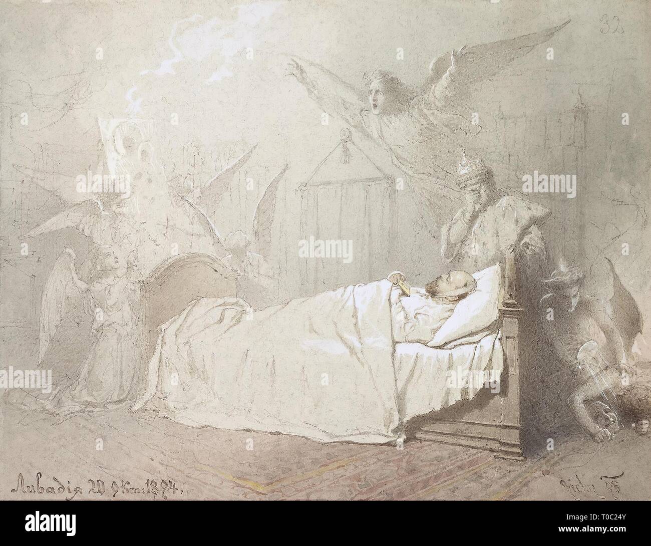 'Alexander III on his Deathbed Surrounded by Angels with a Grieving Youth Symbolizing the Romanov Dynasty'. Series 'Death of Alexander III in Livadia'. Russia, 1895. Dimensions: 23,5x31 cm. Museum: State Hermitage, St. Petersburg. Author: MIHALY VON ZICHY . MIHALY ZICHY. Stock Photo