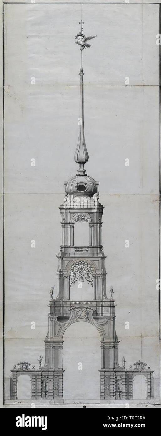 'Lighthouse in Kronstadt. Facade. Draft'. Italy, 1721-1722s. Dimensions: 117x44,2 cm. Museum: State Hermitage, St. Petersburg. Author: NICCOLO MICHETTI. Stock Photo