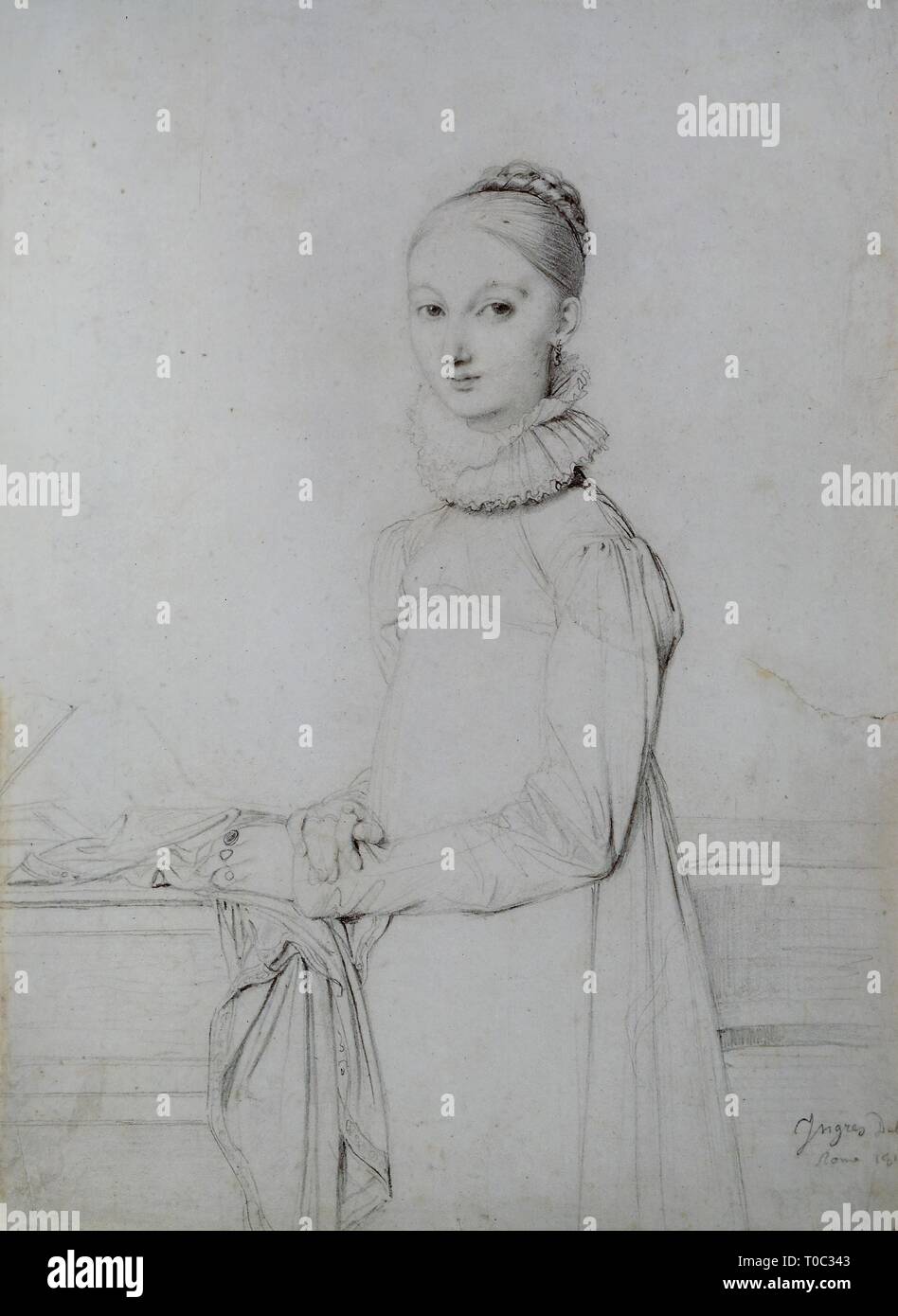 'Portrait of a Young Woman'. France, Circa 1815. Dimensions: 28x20,7 cm. Museum: State Hermitage, St. Petersburg. Author: JEAN AUGUSTE DOMINIQUE INGRES. Stock Photo