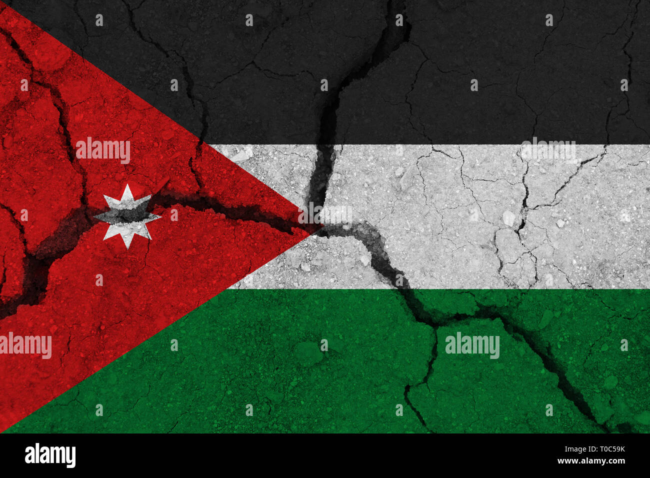Jordan flag on the cracked earth. National flag of Jordan. Earthquake