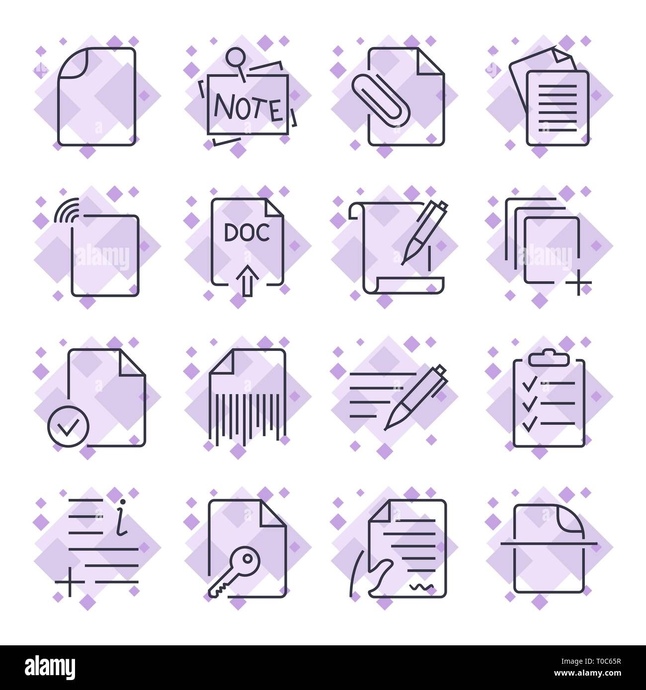 Paper icons. Document icons. Set of the icons with different document and paper icons for sites, apps, programs, logotypes and other. Editable Stroke. Stock Vector