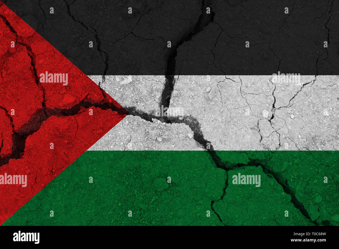 Palestine flag on the cracked earth. National flag of Palestine. Earthquake or drought concept Stock Photo