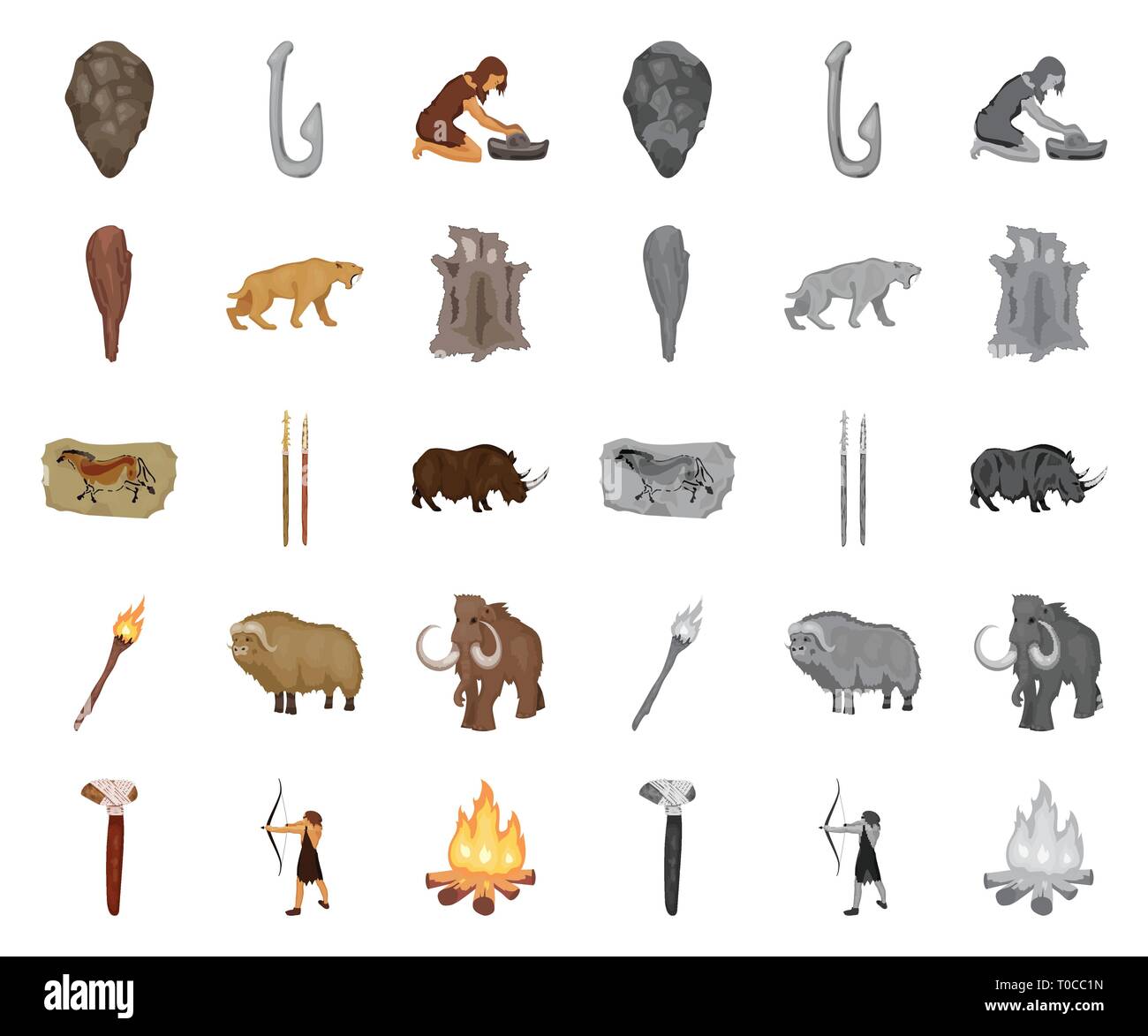 age,ancient,animal,antiquity,arrow,axe,beginning,bone,bow,campfire,cartoon,mono,caveman,cavewoman,collection,culture,design,development,epoch,fauna,fish,grindstone,hide,hook,humanity,icon,illustration,isolated,life,logo,man,muskox,painting,people,period,rhinoceros,saber-toothed,set,sign,spears,stone,survival,symbol,tiger,tool,torch,truncheon,vector,venus,web,woolly mammoth Vector Vectors , Stock Vector