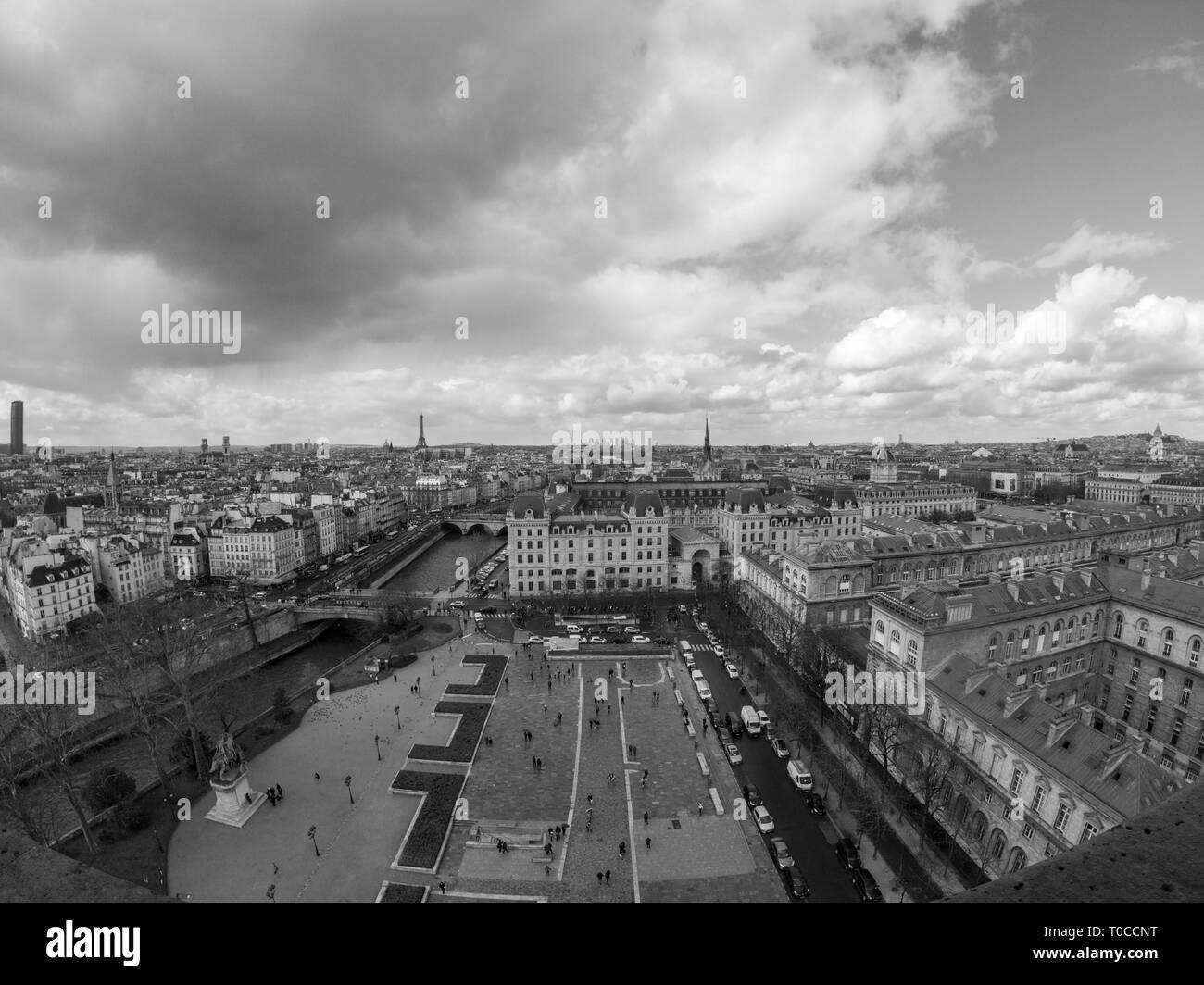 Great panoramic view of Paris from Notre Dame in a beautiful day. Its also visible most popular Parisian monuments, Eiffel tower, Louvre museum. Stock Photo