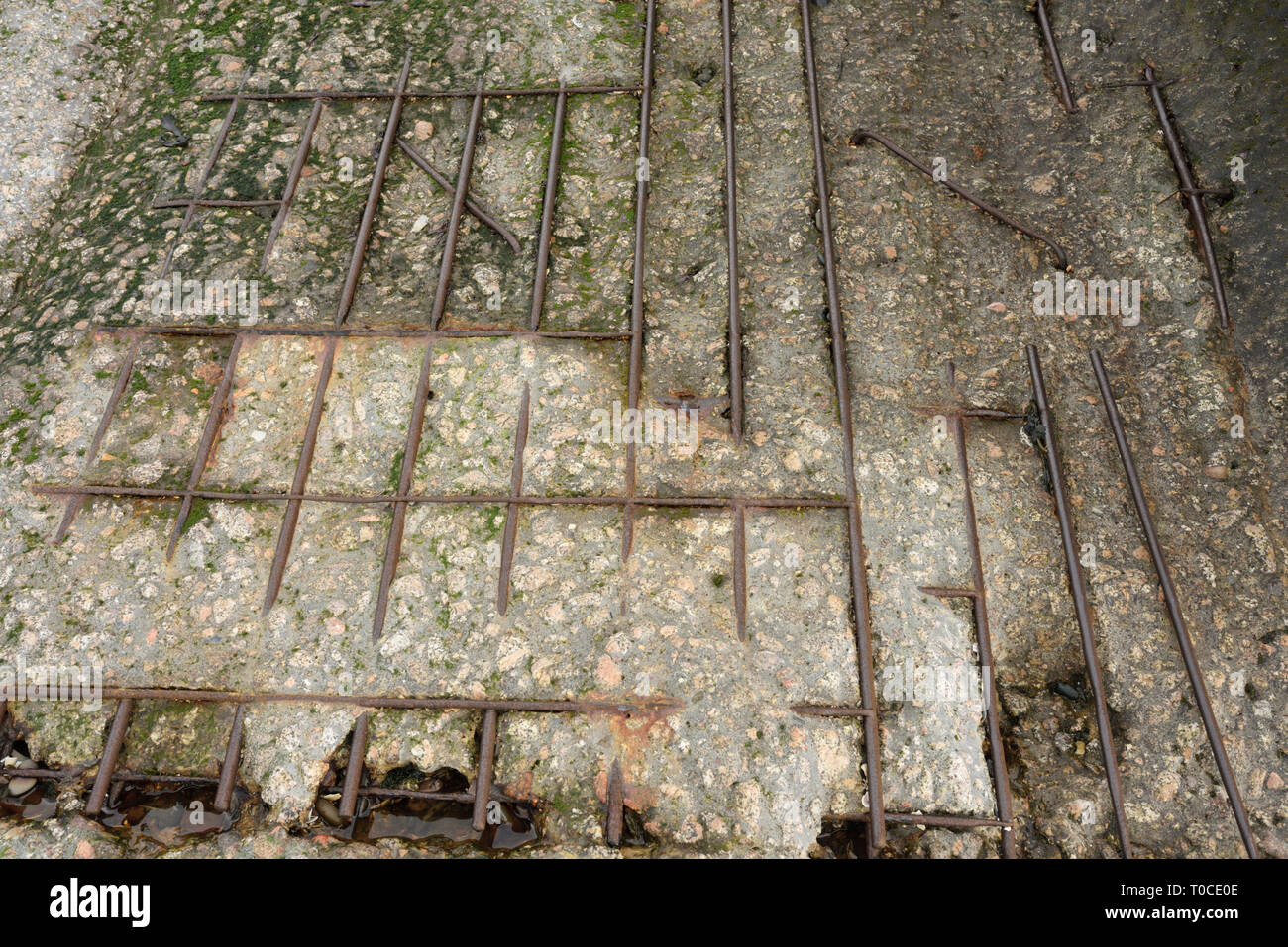 Worn reinforced concrete steps worn smooth with steel reinforcing mesh, rebar exposed, damaged