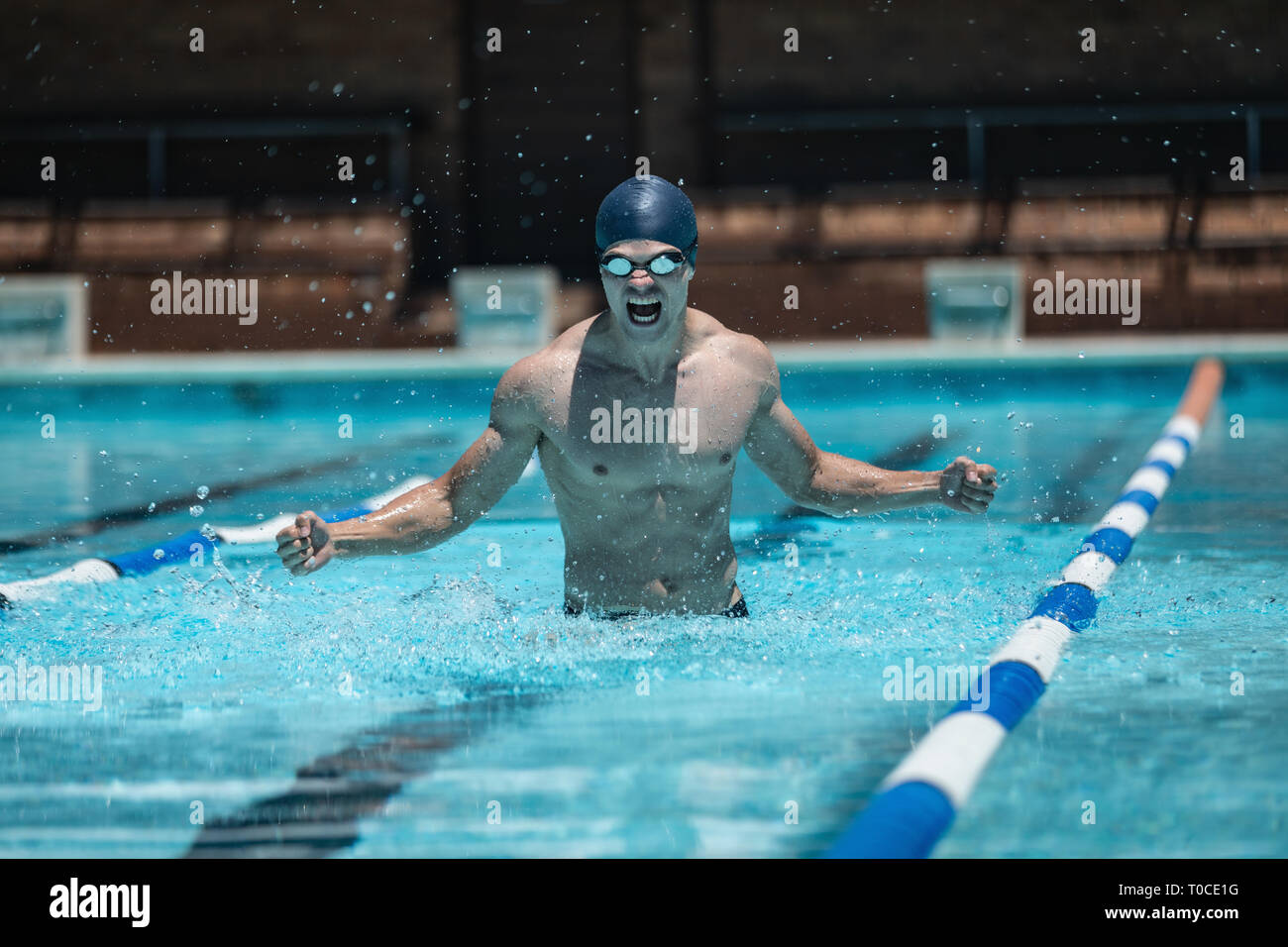 Young swimmer with arms stretched out celebrate victory in pool Stock