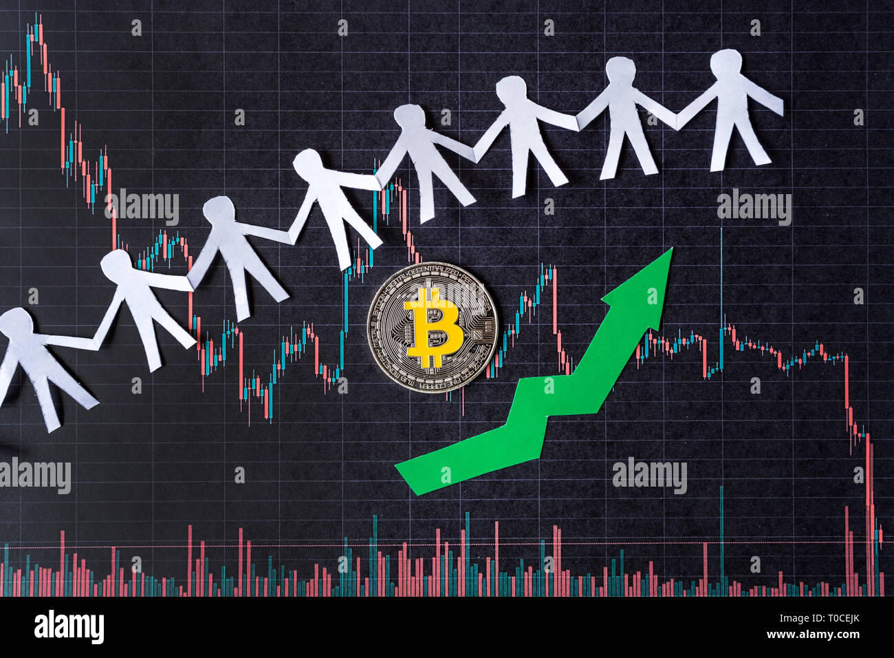 appreciation of virtual money bitcoin. Green arrow and silver Bitcoin on  paper forex chart index rating go up exchange market background with paper  pe Stock Photo - Alamy