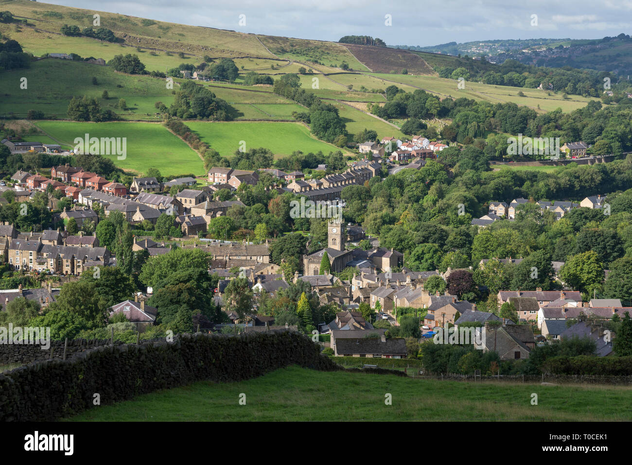 The village of Hayfield in Derbyshire, England. Summer sunshine on the ...