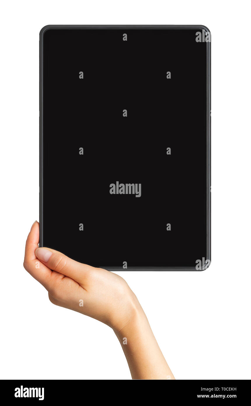 Mock up of black tablet and women's hand, concept of mobile shopping ...
