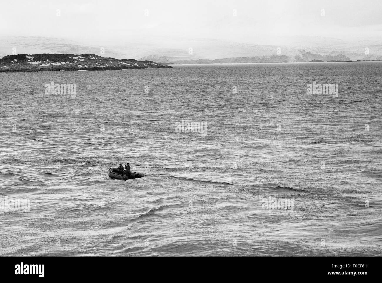 Research Boat Going Toward The Coastline Of Anvers Island, Antarctica, film photography Stock Photo