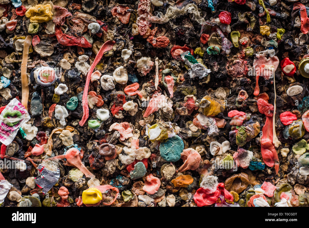 Bubblegum Alley is a tourist attraction in San Luis Obispo, California, known for its accumulation of used bubble gum on the walls of an alley. Stock Photo
