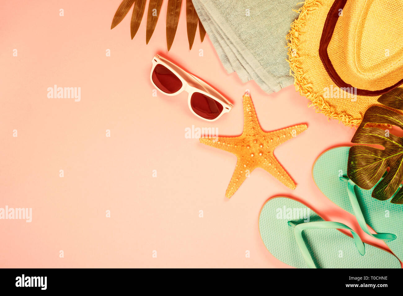 Summer flat lay background on pink Stock Photo Alamy
