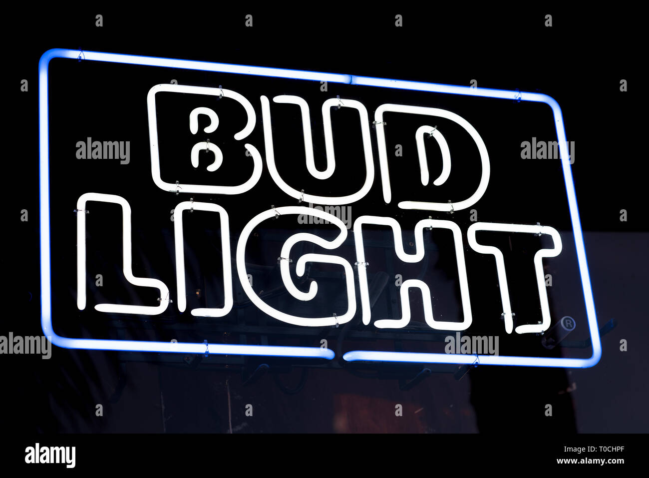 BUD LIGHT. Neon sign. USA. Stock Photo