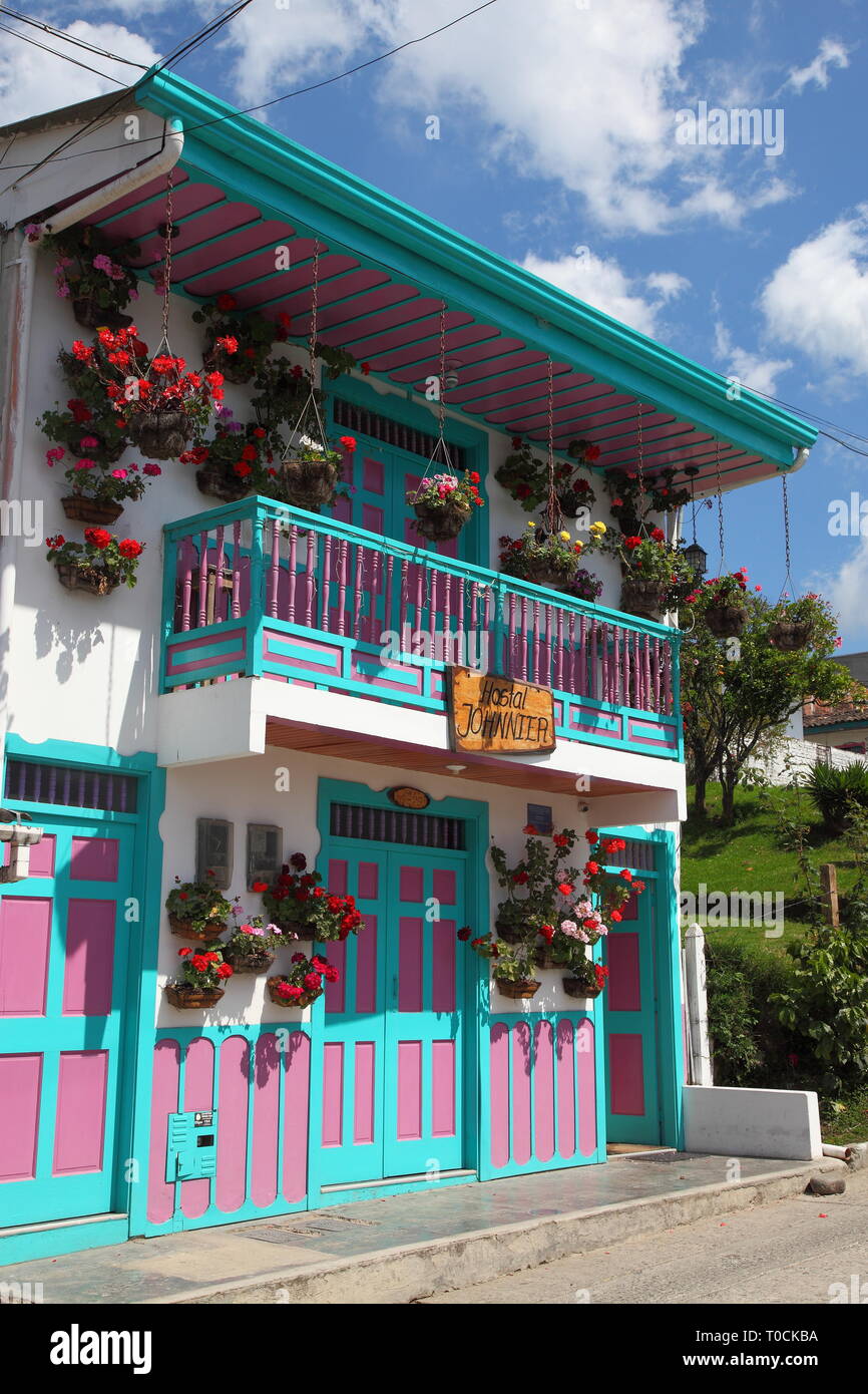 Brightly painted houses in the town of Salento, in district of Quindío