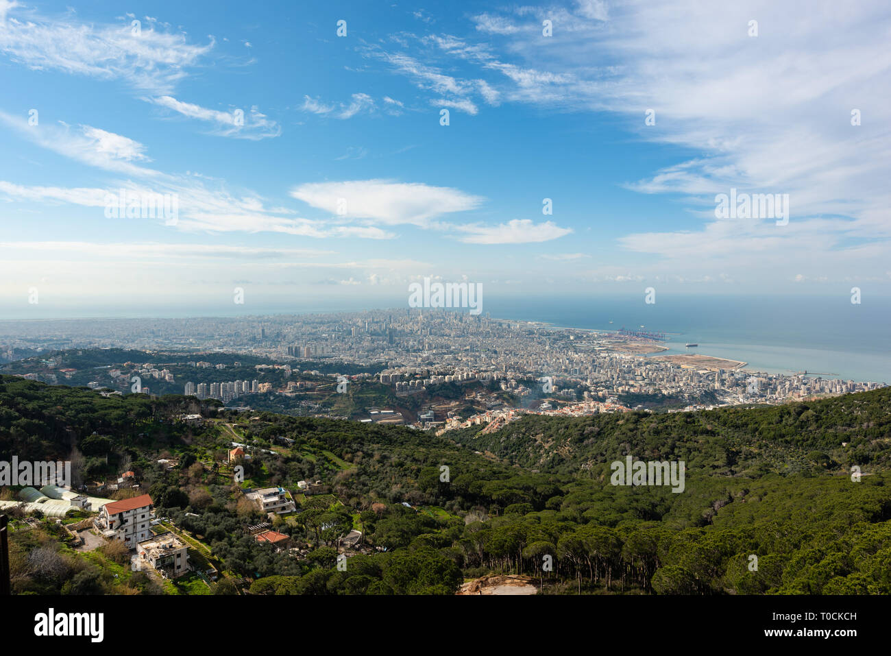 Panorama of Beirut skyline, from Meitn in Lebanon. Achrafieh buildings and the Mafaa port appear on the Mediterranean shore. Stock Photo