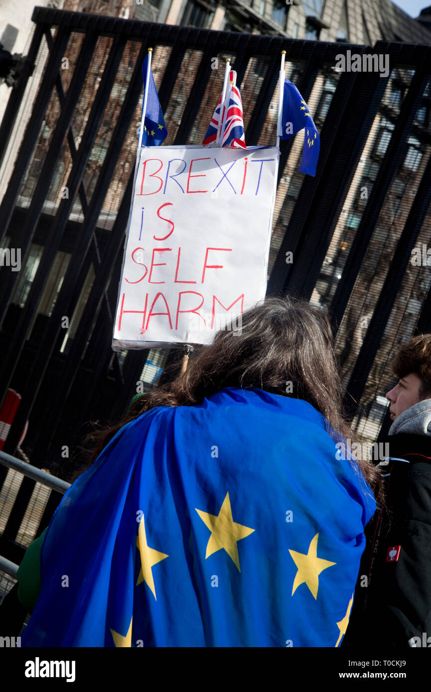 Westminster March 18th 2019. Remain protester Julie, wrapped in a European flag, outside Parliament holding a sign saying 'Brexit is self-harm'.. Stock Photo