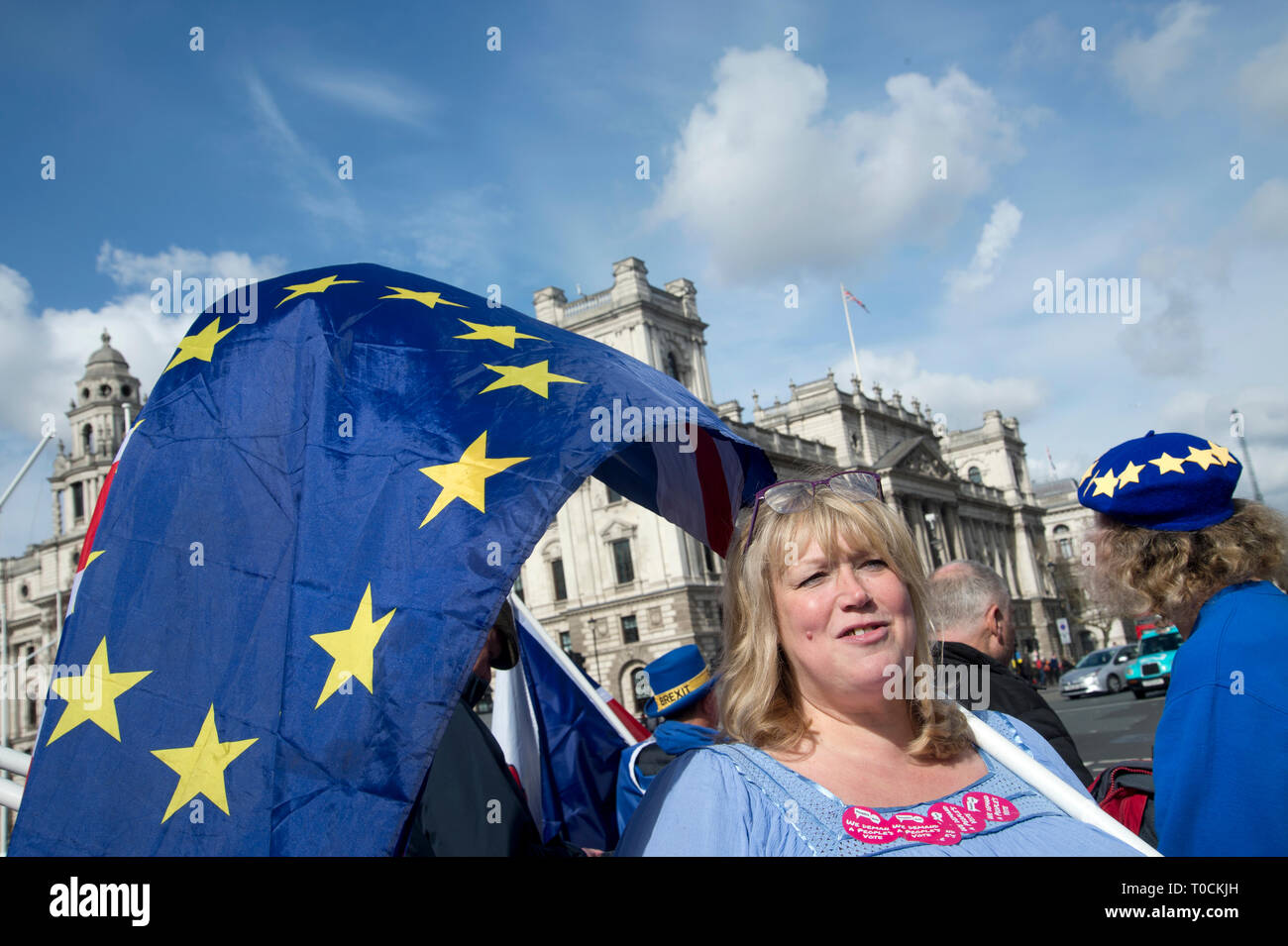 Westminster March 18th 2019. Remain protester Jane outside Parliament. Stock Photo