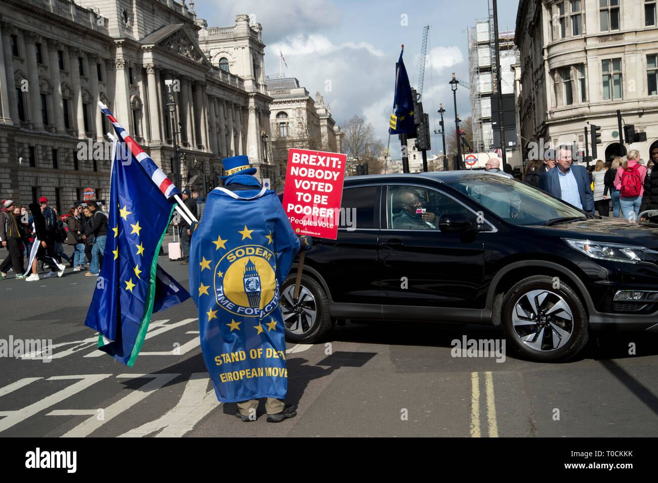 Westminster March 18th 2019. Remain protester Steve Bray outside Parliament confronting an arriving car. Stock Photo
