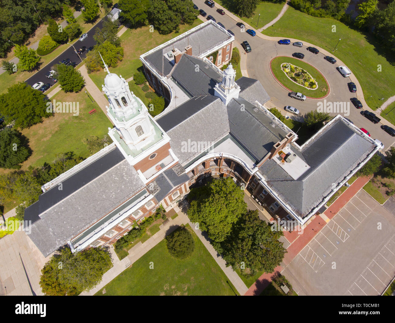 Newton City Hall aerial view in downtown Newton, Massachusetts, USA