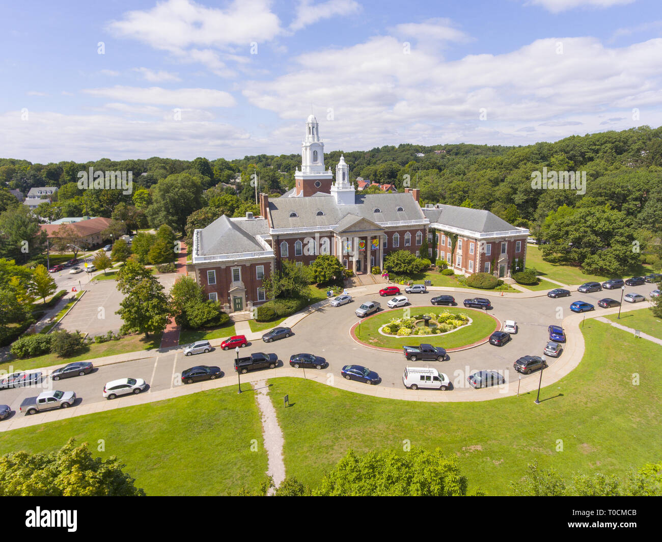 Newton City Hall aerial view in downtown Newton, Massachusetts, USA ...