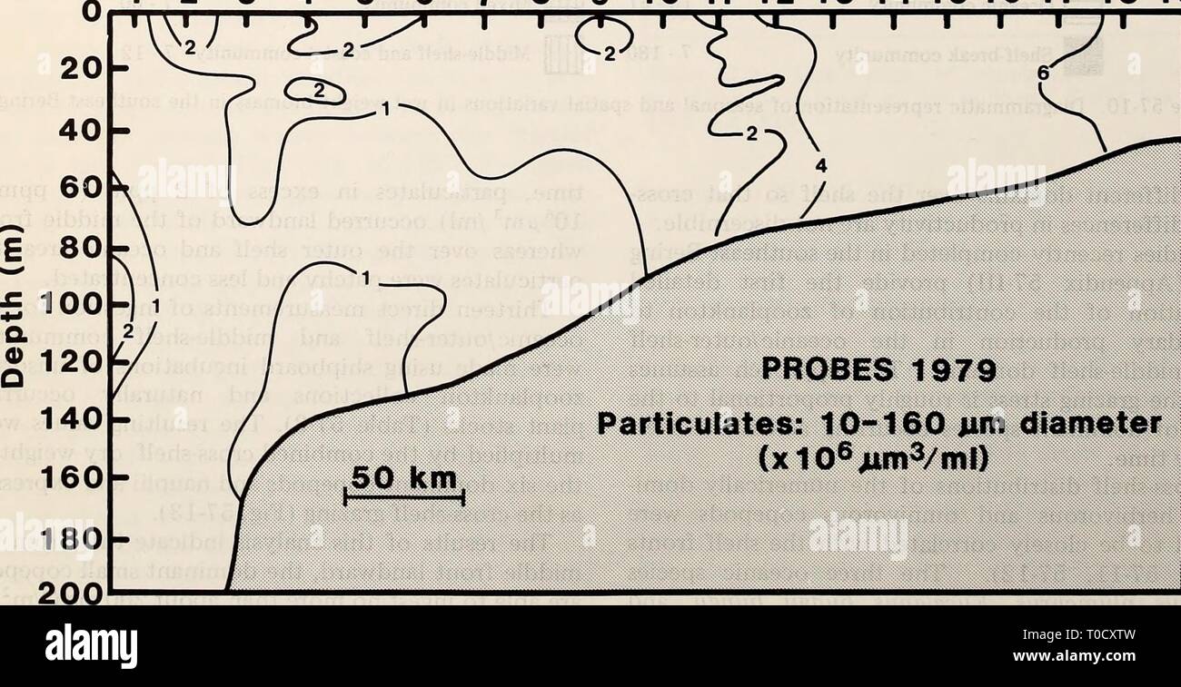 The Eastern Bering Sea Shelf The Eastern Bering Sea Shelf : oceanography and resources / edited by Donald W. Hood and John A. Calder easternberingsea00hood Year: 1981  Calanus plumchrus Eucalanus bungii bungii 2 3 4 5 6 Stations 7 8 9 10 11 12 13 14 1516 17 18 19    PROBES 1979 Particulates: 10-160 Mm diameter (xlO^^mVmO Figure 57-11. Cross-shelf distributions of numerically dominant copepods and volumes of particulates. 956 Stock Photo