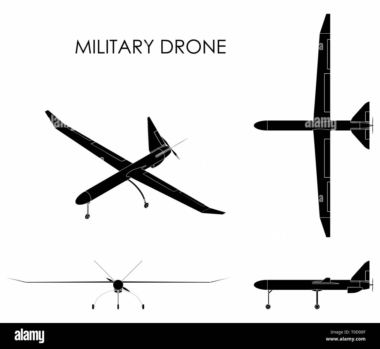 Military drone. Black fill. Stock Vector