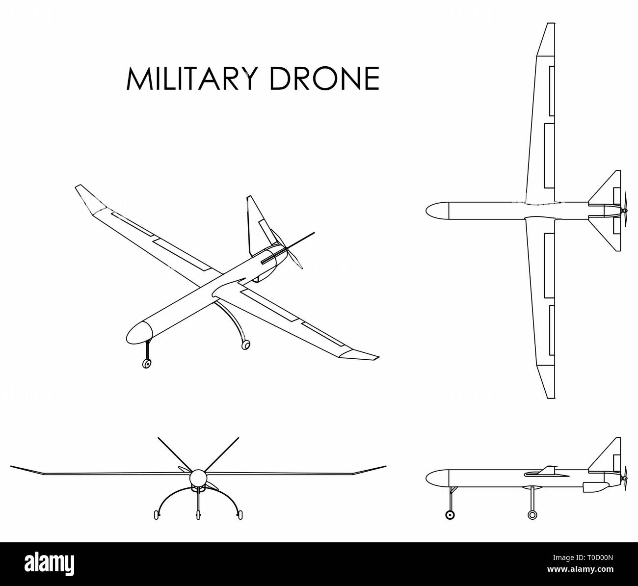 Military drone. Outline only. Stock Vector