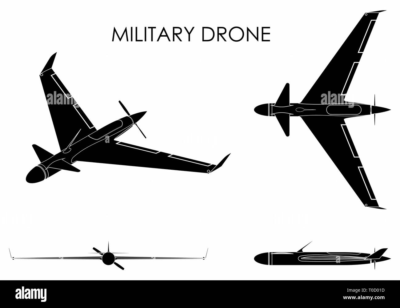 Military drone eagle. Black fill. Stock Vector