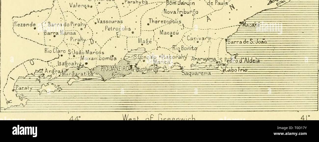 The earth and its inhabitants The earth and its inhabitants .. earthitsinhabita293recl Year: 1893  ^ 5 Ar.ton.j o'e Paqua* ;â .  .  ;. ^') , ./ iS.Rdllls''/ ' Ã®t D^B^-s;s., â¢ .* .'.-^'SMarfaM, ;.Â«SamKiourQ.''â¢ . ----â¢â¢----t' .   - ; .' .i'''---5 rrancfsÃ§o- ^ .Paraliyb9.--^- B5mdriri(ln ' ''cip f^yÂ» ^''^^ Hagdalp.n Kezende Ã®. barra do iirany - â ! â¢ -- '^ â¢-* . 'Barra MÃ¢nsa .Petropoli    '23' WesL or breenwicn Municipal Capital. District Capital. 60 Miles. an average they occupy a superficial area of 1,700 square miles, or two-thirds of a French department. From the religious st Stock Photo