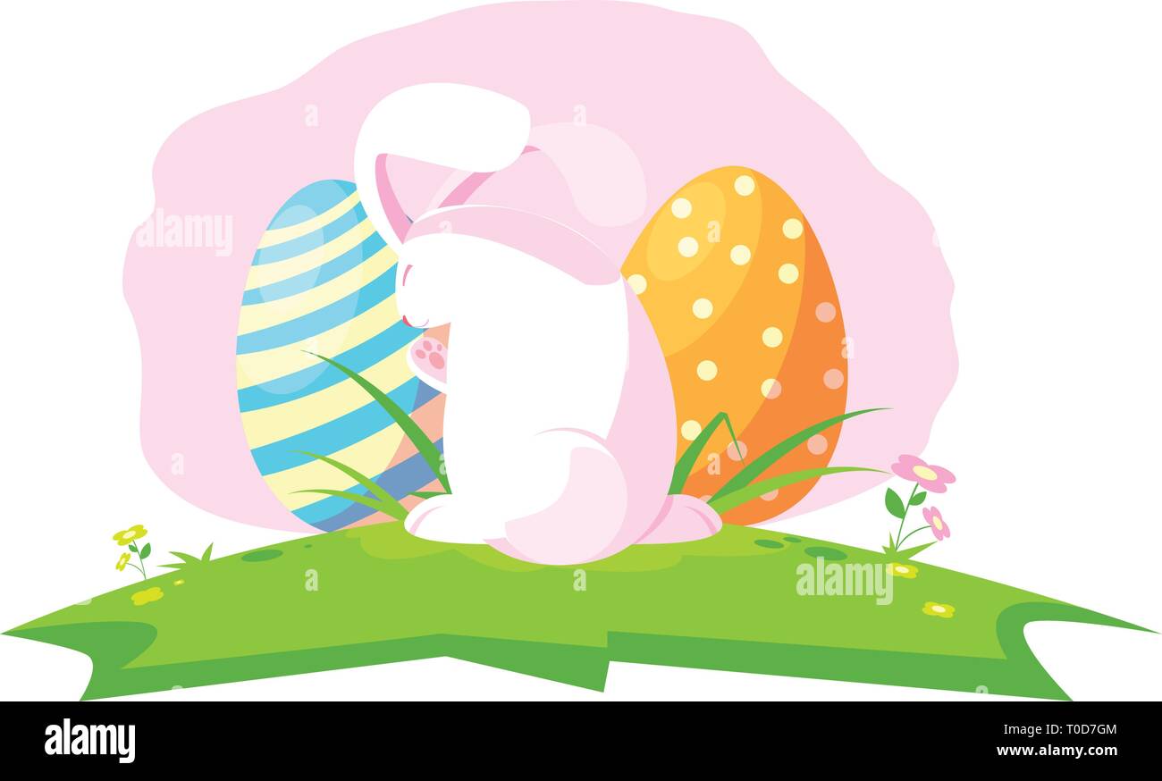 happy easter eggs painted with rabbit in the camp vector illustration ...