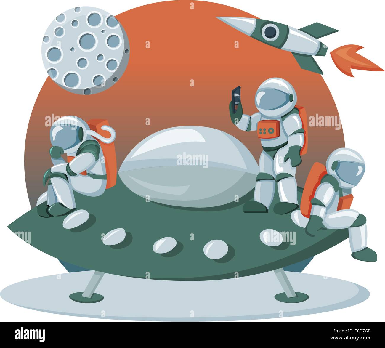 Astronaut landing on an alien space ship expedition cartoon flat dashboard image Stock Vector