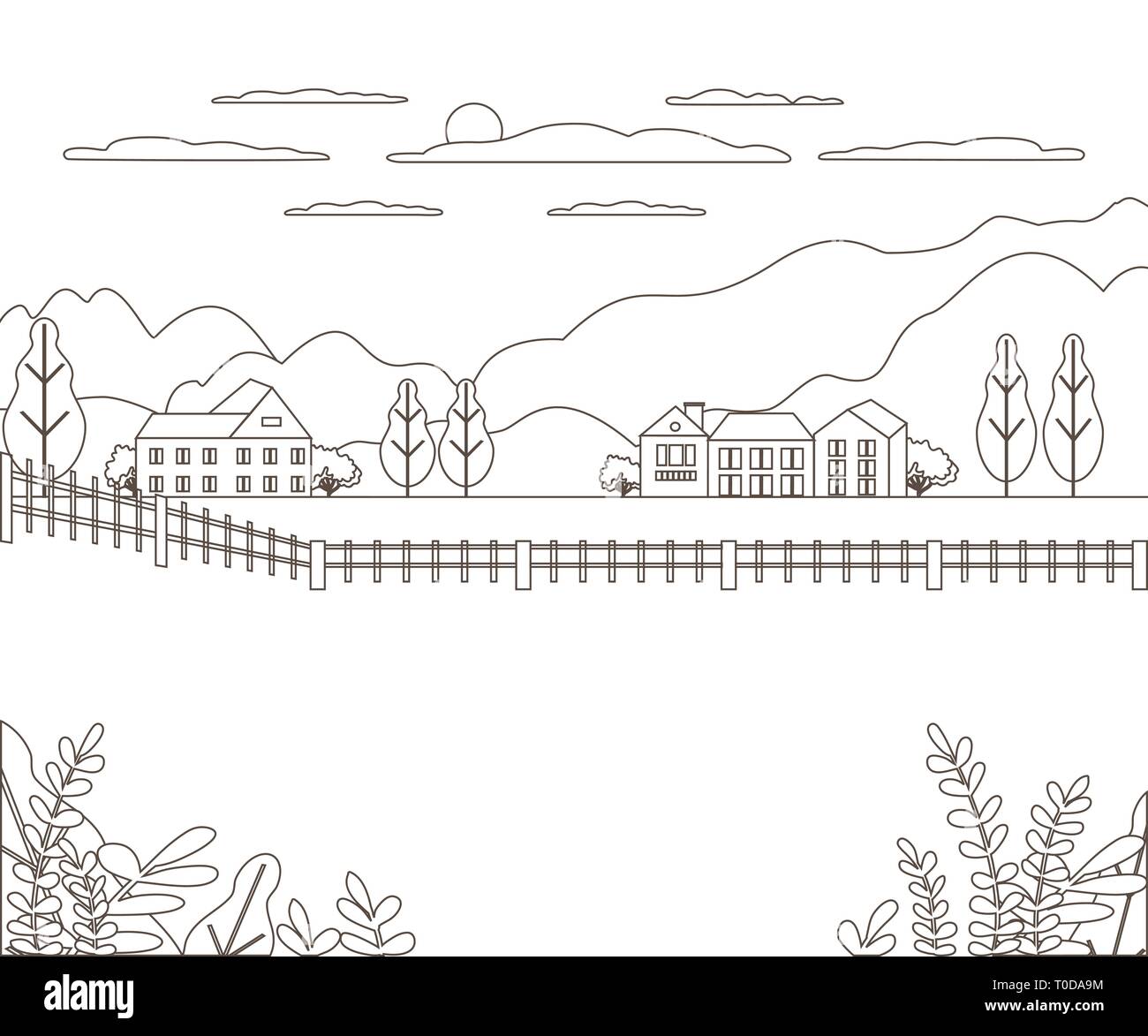 Thin Line Outline Landscape Rural Farm Panorama Design