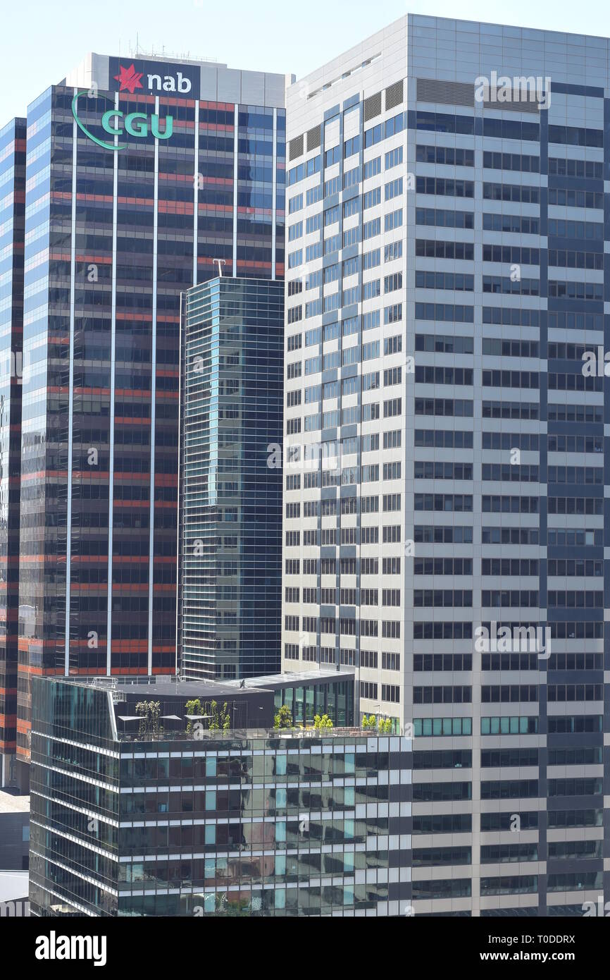 Skyscrapers with apartments and offices and roof terrace with green
