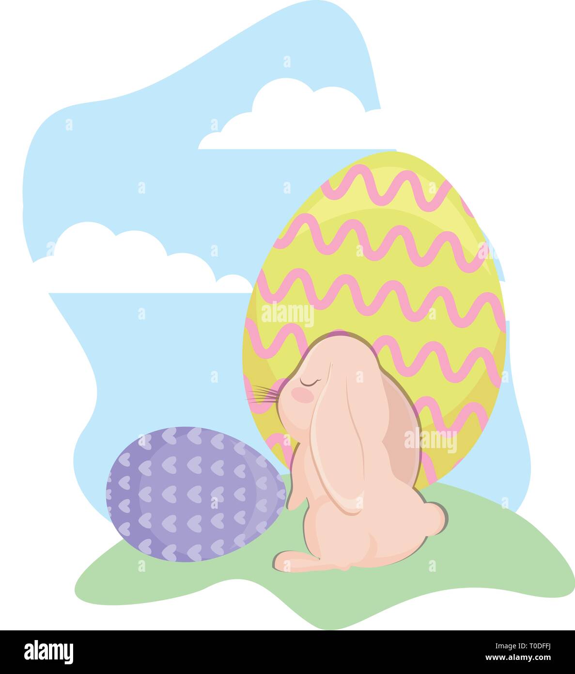 cute rabbit with eggs of easter in grass vector illustration design ...